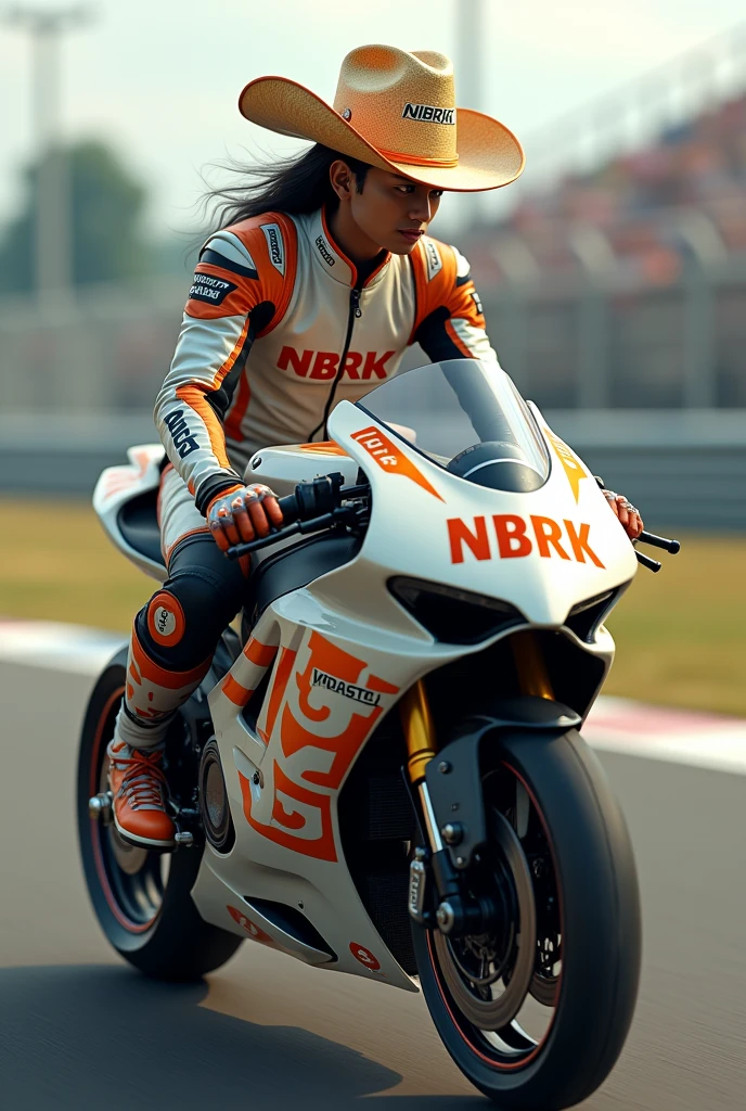 Create an image of young god Vinayaka fairy complexion as a bike racer with a 🤠 sponsored by NBRK bike company