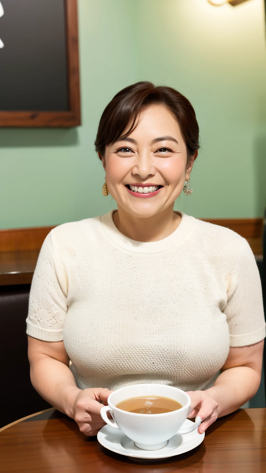 8k wallpaper, masterpiece, Highest quality, Very detailed, One Mature Woman, 50 years old, Become very clear, Wearing a short-sleeved knit, Skin dents, Captivating smile, Looking at the audience, No lapel microphone, Plump, Curvaceous, Attractive face, Smiling with teeth showing, I was happy, sitting in a cafe, Background Blur