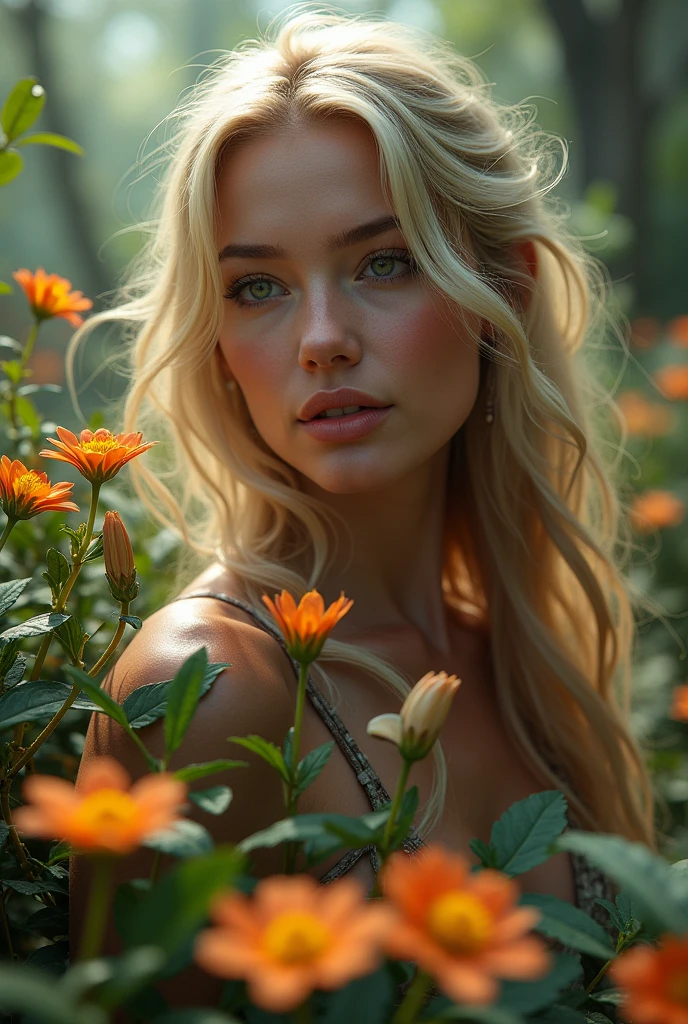 Hyper-realistic action scene in which a beautiful blonde woman closely examines the flora and fauna of a fantastic landscape. "Adds extremely precise details to plants.., animals, And the girl's seductive expression.'face., 8k, cinematic light, realistic photo, Octane rendering, centered, masterpiece, 35mm,