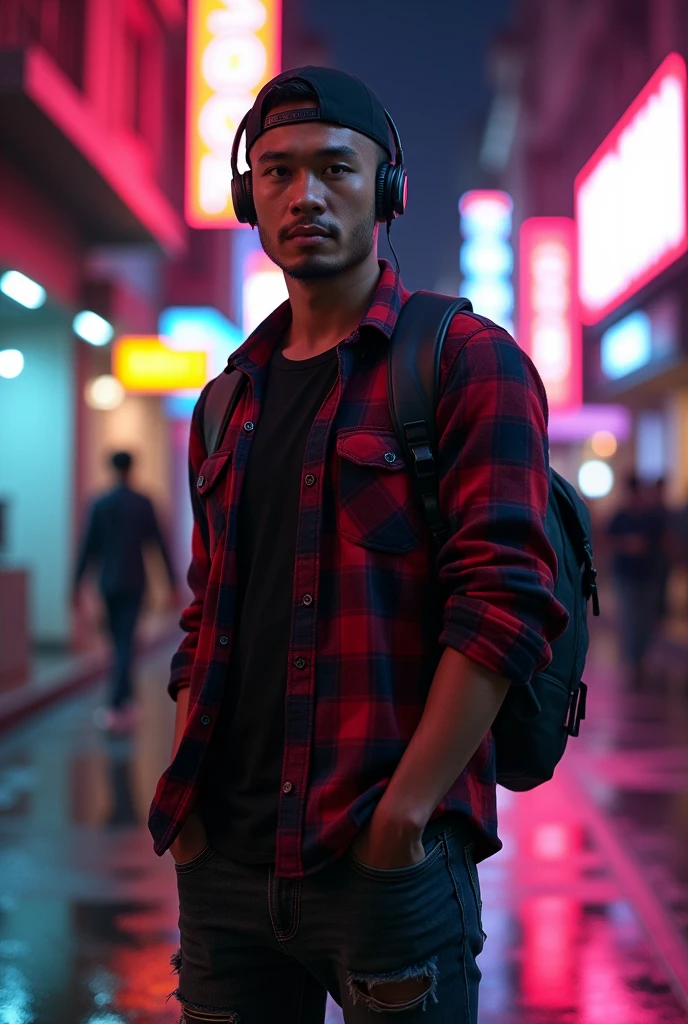 Hyper realistic, a 28 year old Indonesia man walking on the neon cyberpunk street, ideal body, look straight ahead, wearing dark red flannel shirt and dark ripped jeans pants and black hiking hi-shoes with black backward trucker hat, wear dark leather backpack, wear headphone, masculine photoshoot pose, arrogant man expression, romantic, Bandung night town as background. Use soft photography lighting. top lighting. top lighting, slide lighting, high quality photos, UHD, 64k. shot with Canon EOS 5D Mark IV, cinematic portrait, Realistic face, not changing face, no mustache, Real photo, unchanging face, background change. Real Picture 8k ultra, man, gamer, hyper detailed, sharp focus, studio photo, intricate details, highly detailed, photo real, bright colors, digital graphics, unreal engine, blender art, perfect composition, octane rendering, masterpiece, sharp focus, high detail, art station, concept art, perfect composition, a model of ultra-high quality and clarity, perfect play of light and shadow, 32k UHD, hyper-detailing, complex artistic masterpiece, ((best quality)), ((masterpiece)), (detailed), perfect face