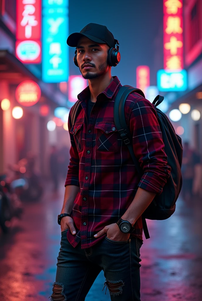 Hyper realistic, a 28 year old Indonesia man walking on the neon cyberpunk street, ideal body, look straight ahead, wearing dark red flannel shirt and dark ripped jeans pants and black hiking hi-shoes with black backward trucker hat, wear dark leather backpack, wear headphone, masculine photoshoot pose, arrogant man expression, romantic, Bandung night town as background. Use soft photography lighting. top lighting. top lighting, slide lighting, high quality photos, UHD, 64k. shot with Canon EOS 5D Mark IV, cinematic portrait, Realistic face, not changing face, no mustache, Real photo, unchanging face, background change. Real Picture 8k ultra, man, gamer, hyper detailed, sharp focus, studio photo, intricate details, highly detailed, photo real, bright colors, digital graphics, unreal engine, blender art, perfect composition, octane rendering, masterpiece, sharp focus, high detail, art station, concept art, perfect composition, a model of ultra-high quality and clarity, perfect play of light and shadow, 32k UHD, hyper-detailing, complex artistic masterpiece, ((best quality)), ((masterpiece)), (detailed), perfect face