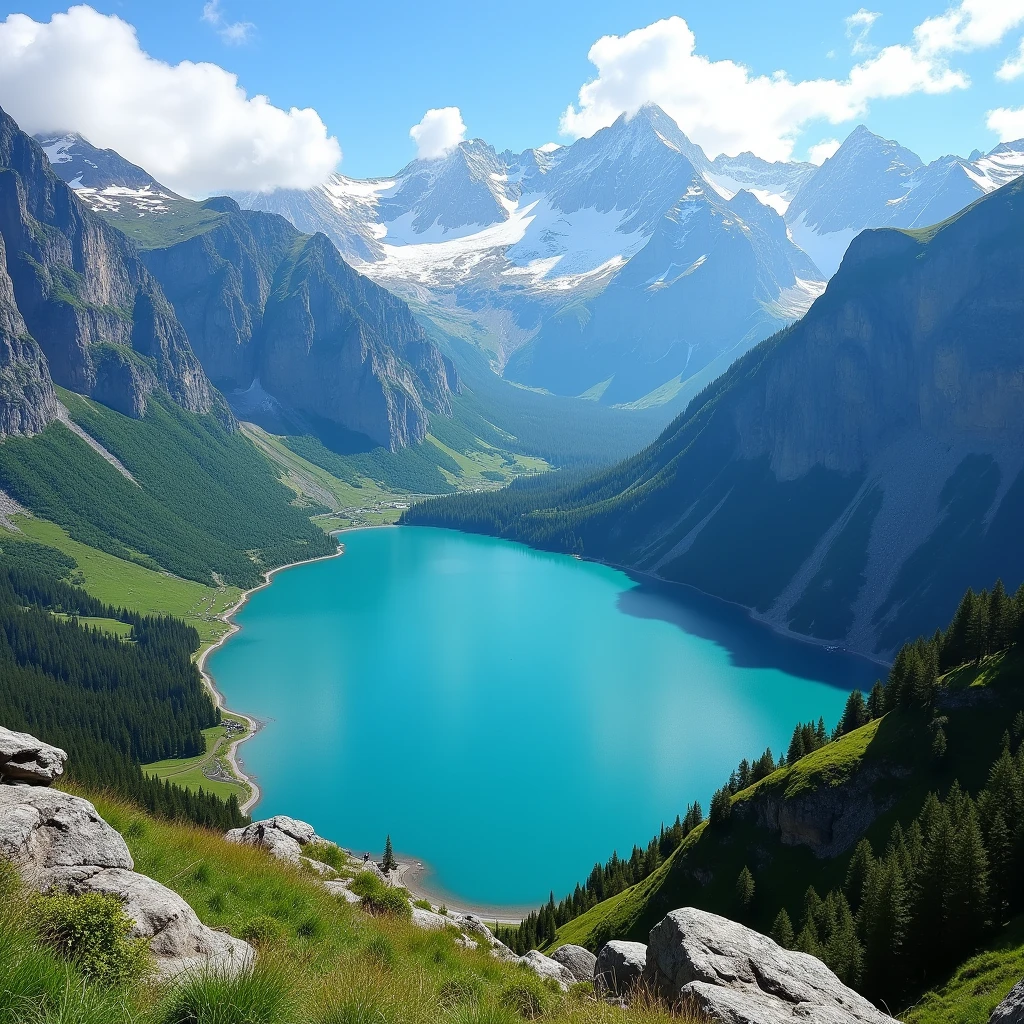 create image “A breathtaking view of a pristine alpine lake surrounded by towering snow-capped mountains. The scene is captured from a high vantage point, revealing the dramatic cliffs and lush green valleys leading down to the vibrant turquoise water. The sky is clear and blue, with a few fluffy clouds hanging above the peaks, adding to the serene and majestic atmosphere. The contrast between the green landscape, the rocky mountains, and the calm, colorful lake creates a stunning visual, evoking a sense of peace and awe in nature’s grandeur.”undefined, undefined,
