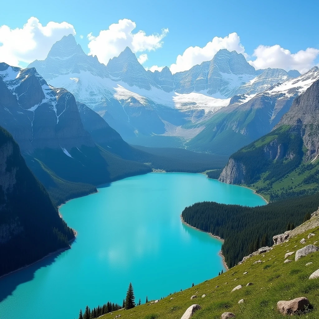 create image “A breathtaking view of a pristine alpine lake surrounded by towering snow-capped mountains. The scene is captured from a high vantage point, revealing the dramatic cliffs and lush green valleys leading down to the vibrant turquoise water. The sky is clear and blue, with a few fluffy clouds hanging above the peaks, adding to the serene and majestic atmosphere. The contrast between the green landscape, the rocky mountains, and the calm, colorful lake creates a stunning visual, evoking a sense of peace and awe in nature’s grandeur.”undefined, undefined,