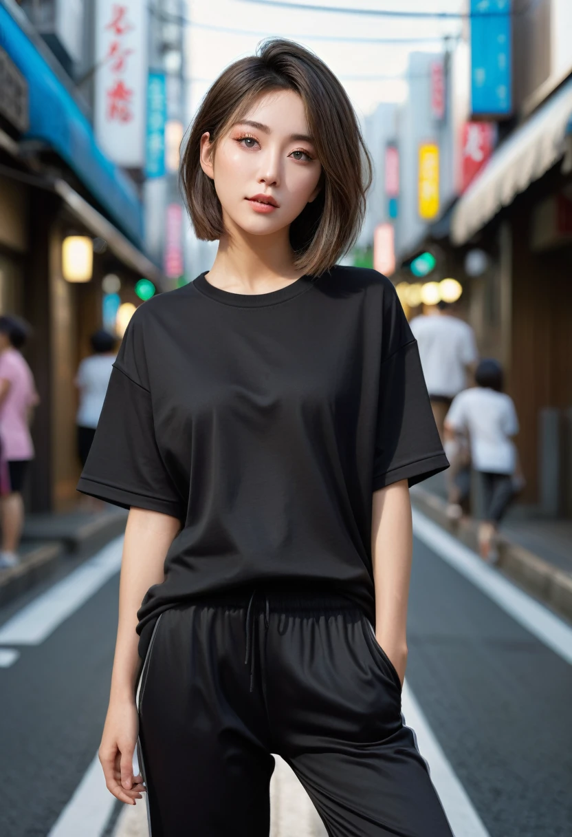 (best quality,4k,8k,highres,masterpiece:1.2),ultra-detailed,(realistic,photorealistic,photo-realistic:1.37), Cool beauty，Looks sweet，(bob haistyle), wearing black oversize t-shirt, women's long pants, sports long pants, half body photo, standing, healthy skin,even toned, natural light and color, One Woman, soft eyes, street of tokyo,