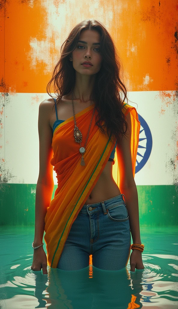70s setting, grainy analog film, ultra-detailed, masterpiece, abstract art, glamour artwork, conceptual art, indian woman, in river, jeans, sari, abstract, ogange white green, void, vivid, indian flag background