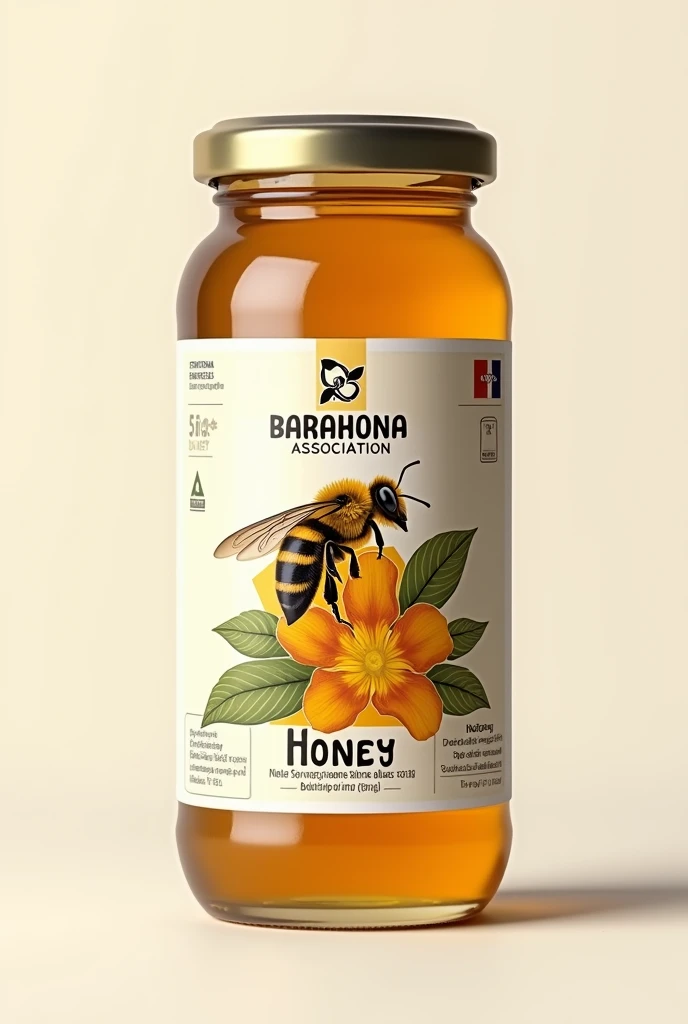 Generate me a modern image of a honey label that says Barahona association, put honey and there will be a bee ,that has a small Dominican flag and a bayahive flower