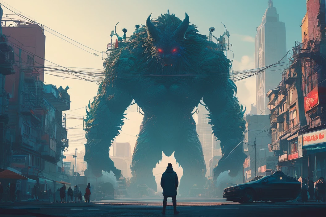 Create a digital art style image of a man standing in front of an urban landscape with a humanoid monster staring at him, featuring (((intricate details))), (((best quality))), (((extremely detailed quality))), and (((complex composition)))." | Related artists: Beeple, Pascal Blanche, Sparth
