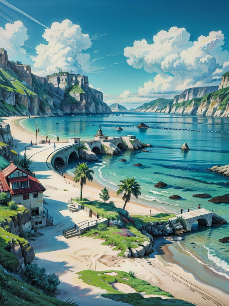 a painting of a beach with flowers in the foreground, mediterranean beach background, beautiful italian beach scene, beach background, beach and tropical vegetation, italian beach scene, sunny day background, happy italian beach scene, scenery artwork, sea background, beach on the outer rim, seaside backgroud, beach landscape, beautiful brush stroke rendering, beach setting, in a mediterranean lanscape, 4k hd,, beautiful art uhd 4 k, a beautiful artwork illustration, beautiful digital painting, highly detailed digital painting, beautiful digital artwork, detailed painting 4 k, very detailed digital painting, rich picturesque colors, gorgeous digital painting