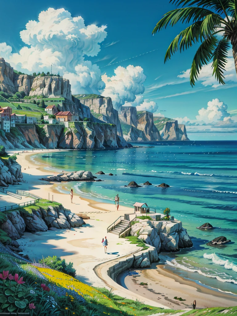 a painting of a beach with flowers in the foreground, mediterranean beach background, beautiful italian beach scene, beach background, beach and tropical vegetation, italian beach scene, sunny day background, happy italian beach scene, scenery artwork, sea background, beach on the outer rim, seaside backgroud, beach landscape, beautiful brush stroke rendering, beach setting, in a mediterranean lanscape, 4k hd,, beautiful art uhd 4 k, a beautiful artwork illustration, beautiful digital painting, highly detailed digital painting, beautiful digital artwork, detailed painting 4 k, very detailed digital painting, rich picturesque colors, gorgeous digital painting