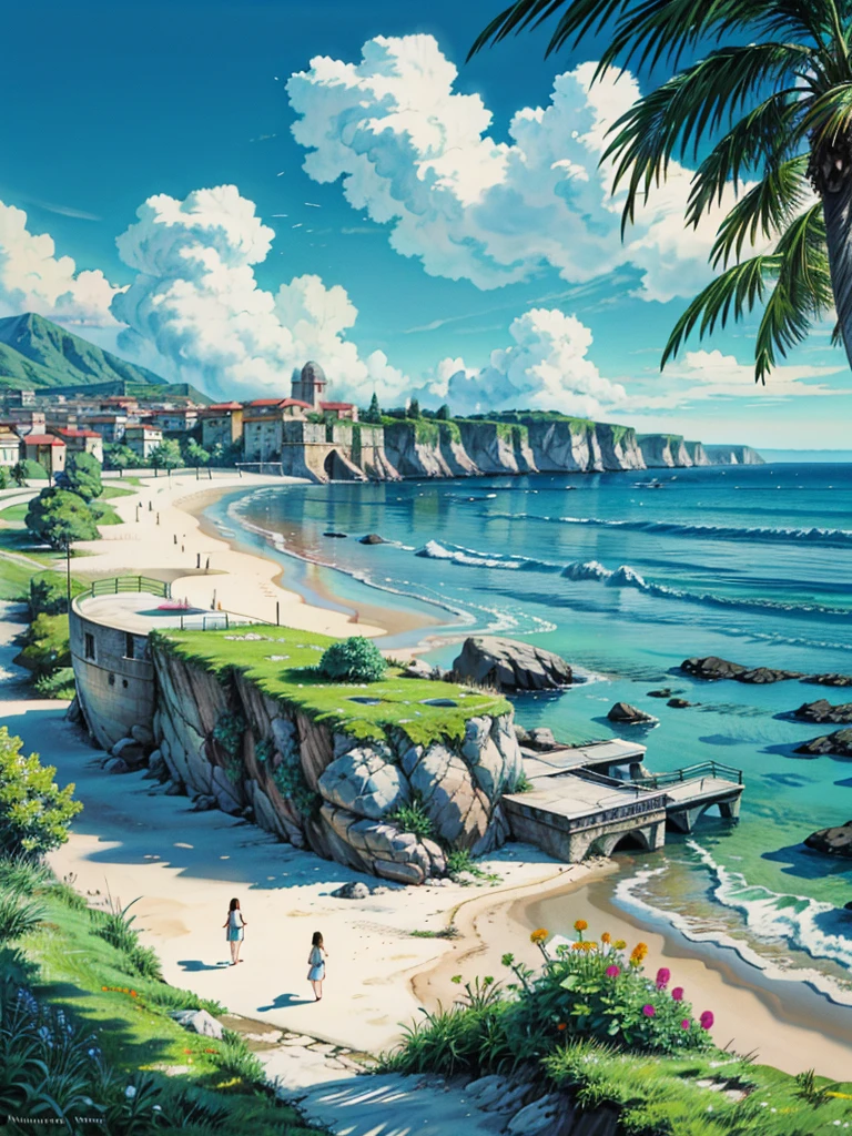 a painting of a beach with flowers in the foreground, mediterranean beach background, beautiful italian beach scene, beach background, beach and tropical vegetation, italian beach scene, sunny day background, happy italian beach scene, scenery artwork, sea background, beach on the outer rim, seaside backgroud, beach landscape, beautiful brush stroke rendering, beach setting, in a mediterranean lanscape, 4k hd,, beautiful art uhd 4 k, a beautiful artwork illustration, beautiful digital painting, highly detailed digital painting, beautiful digital artwork, detailed painting 4 k, very detailed digital painting, rich picturesque colors, gorgeous digital painting