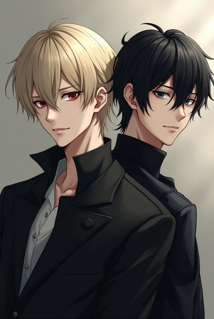 (anime) Two handsome men, One of the two had pale blond hair and a cold expression, the other had black hair and an indifferent expression. The blond one was taller than the black one., these two are taking a portrait together.