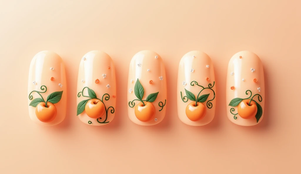 Apricot Vine Nail Art: This design imagines apricots growing on a delicate vine. The center of each nail features small apricots attached to leafy vines. The background continues the vine theme, with soft, swirling green vines and leaves wrapping around the apricots. The background is a gradient of pale apricot orange, creating a natural and fresh look that brings together the fruit and the plant that bears it.

