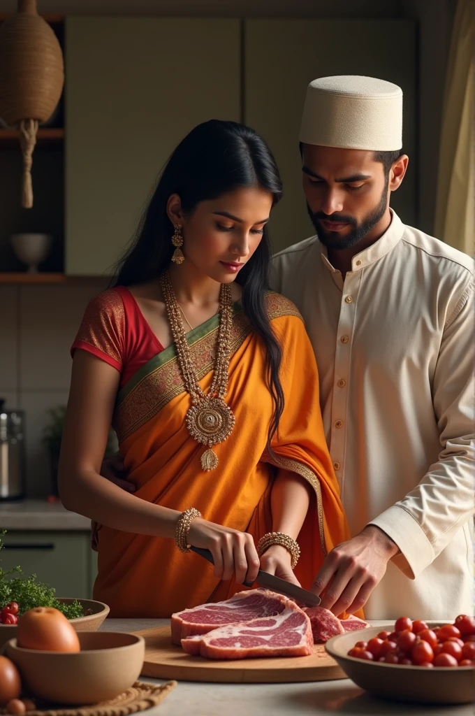 Beatiful indian Brahmin girl in saree cutting meat and behind her Muslim husband in islamic cultural cap