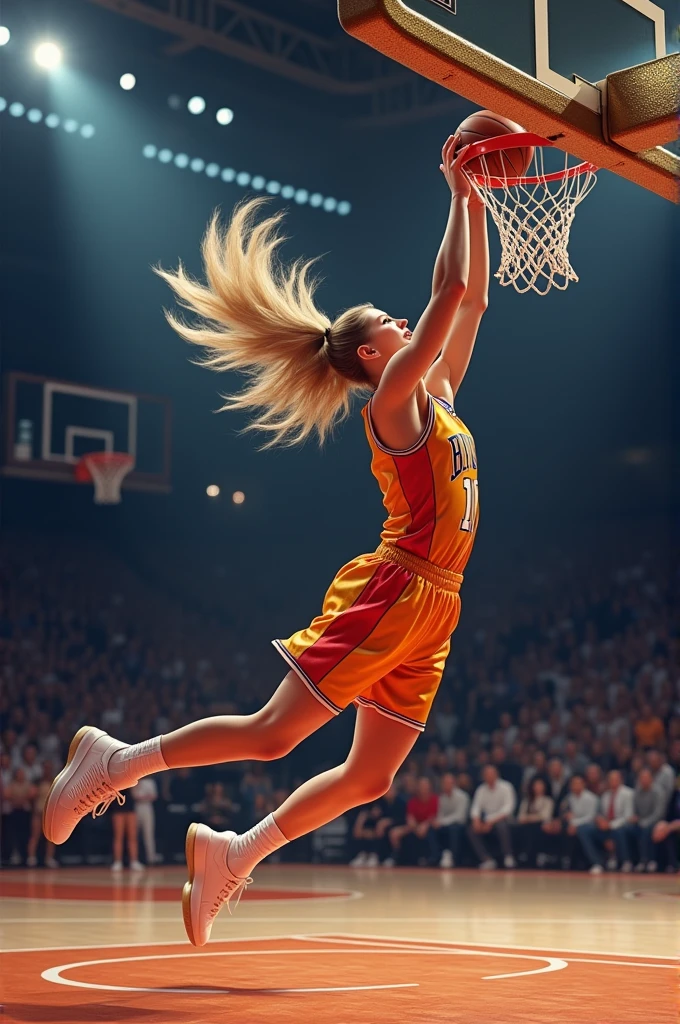 Taylor Swift wearing a number 10 basketball jersey and hitting a 3-point shot into a shiny gold basket