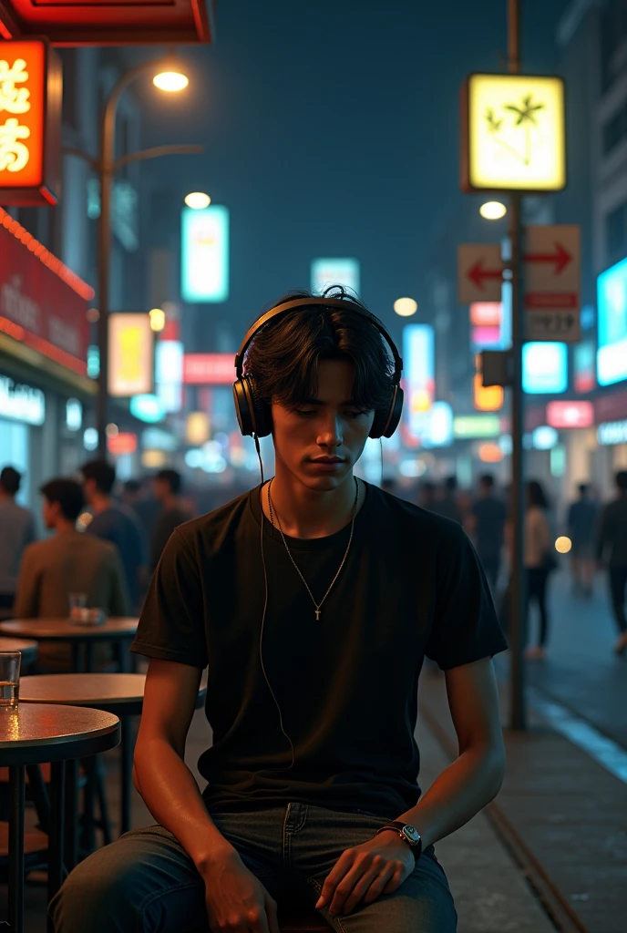 (photorealism:1.2), a handsome young man((Ariel Noah is the vocalist of the band.)), sitting with his head lowered, black slim fit shirt, heaDphones, front camera, the street light shines on him, at a small cafe on the edge of the road at night, crowded with people, muda mudi, street lamps, a billboard, poster, road sign, traffic lights, electric pole, direction sign