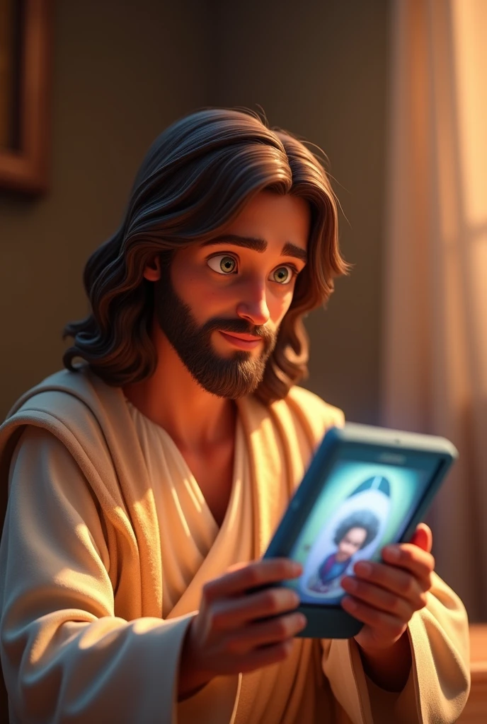 Jesus Christ looking at the screen in Disney Pixar style, 3D
