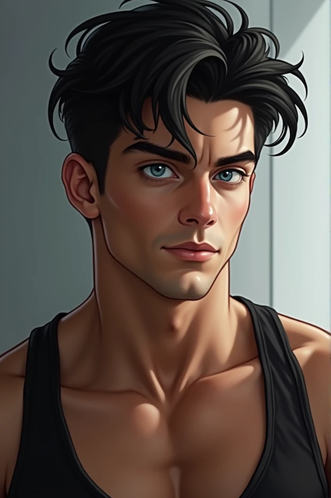 Handsome young man muscular , black hairs and blue eys