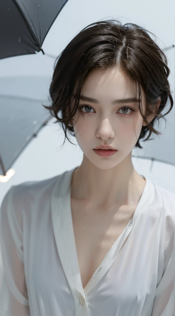 ((Best Quality, 8K, Masterpiece: 1.3)), Sharp: 1.2, Perfect Body Beauty: 1.4, Slim Abs: 1.2, ((Short Layered Hairstyle, flat chested: 1.2)), (Wet White Button Long Shirt: 1.1), (Rain, Street: 1.2), Wet: 1.5, Highly detailed face and skin texture, detailed eyes, double eyelids, side face looking at the camera