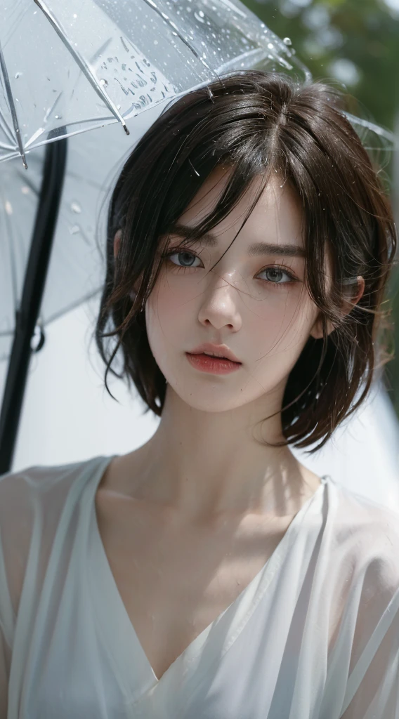 ((Best Quality, 8K, Masterpiece: 1.3)), Sharp: 1.2, Perfect Body Beauty: 1.4, Slim Abs: 1.2, ((Short Layered Hairstyle, flat chested: 1.2)), (Wet White Button Long Shirt: 1.1), (Rain, Street: 1.2), Wet: 1.5, Highly detailed face and skin texture, detailed eyes, double eyelids, side face looking at the camera