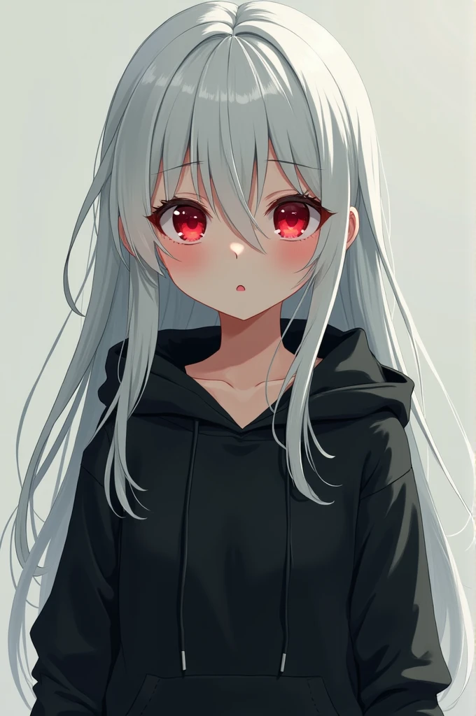 A young anime girl with long white hair and red eyes, wearing a black sweatshirt with a hood, and a frightened expression.