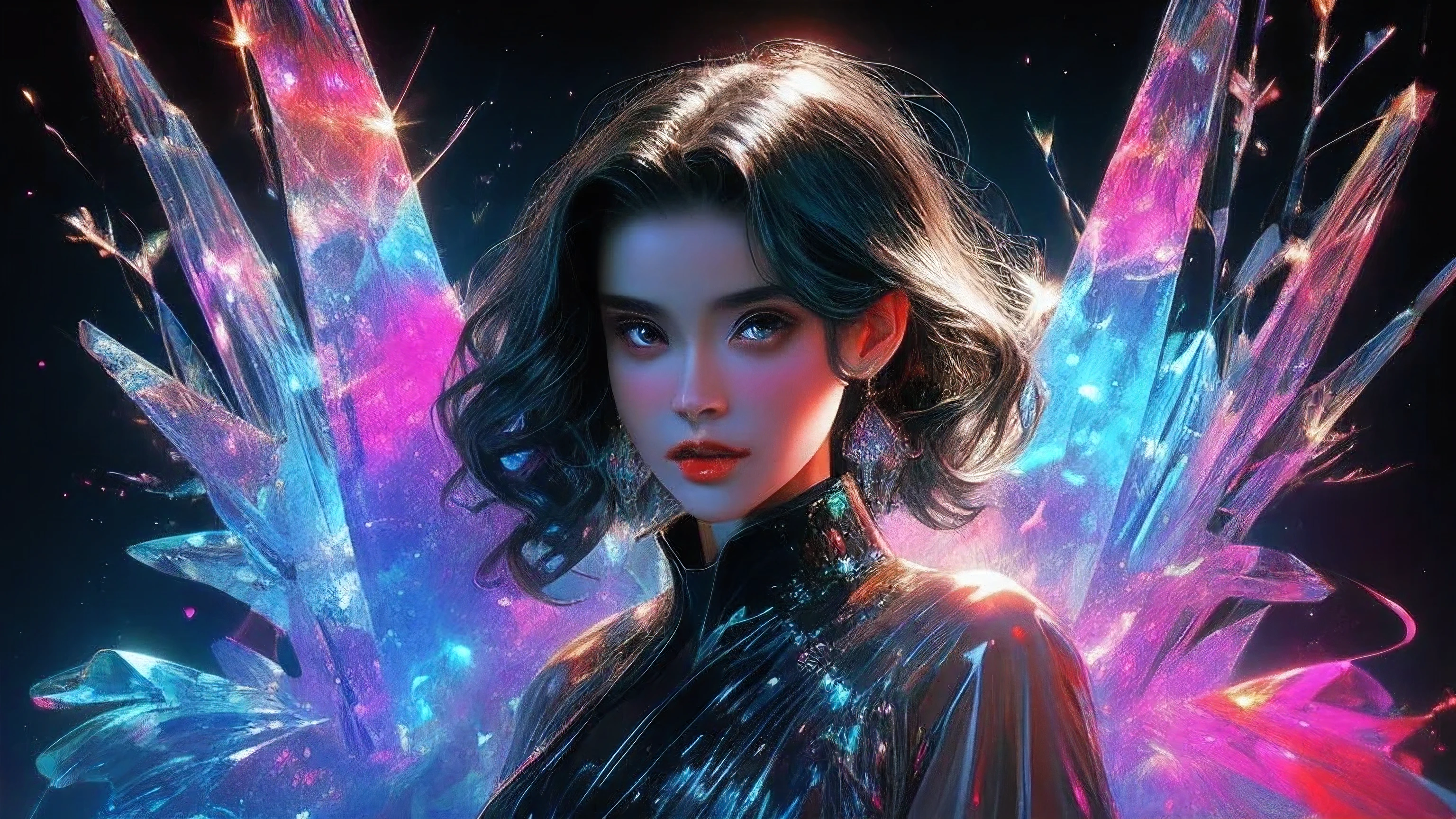 A beautiful young woman., Secrets of the Night，Waves. 3d. Rainbow Colors. The beauty of the melting universe. Surrealism in Nebula Reflections. Glass texture，translucent，crystal，Martial Arts
