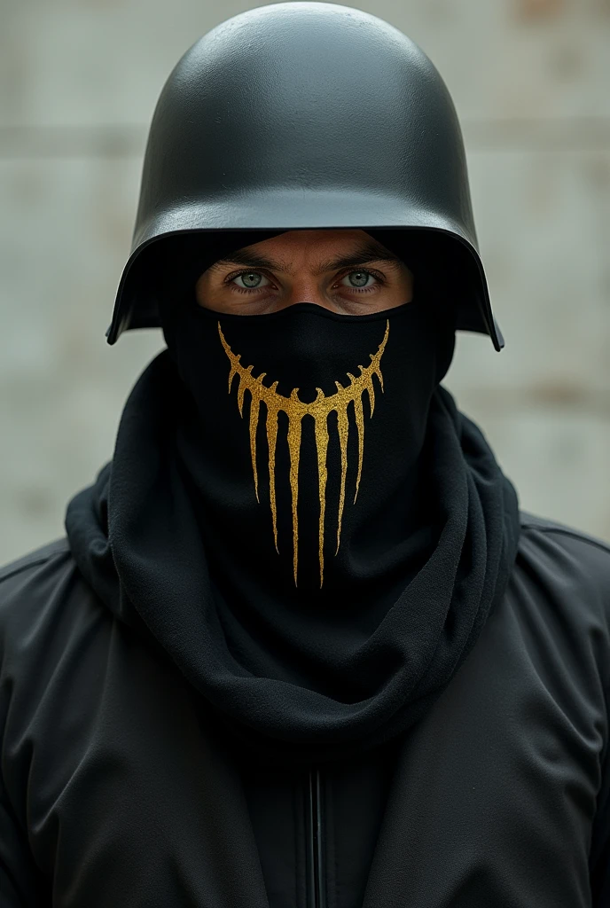 A man in a black balaclava with a large golden claw drawing on his face. A military black helmet on his head. He is looking into the frame