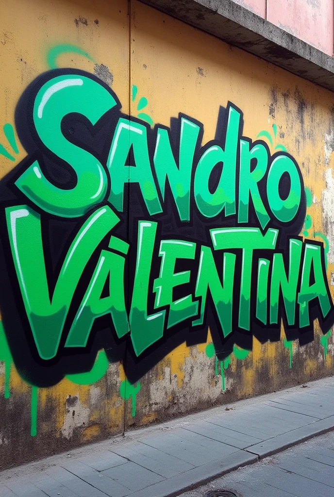 A green graffiti writing with the names Sandro and Valentina 