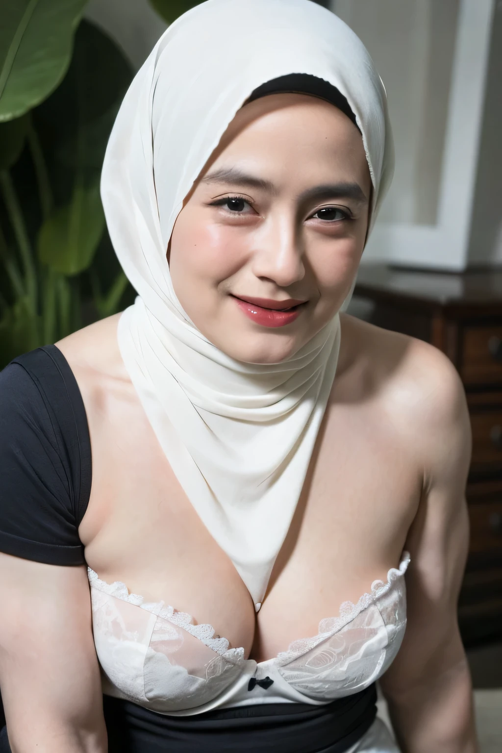 SQUATTING, ((NECK LACE RIBBON)), ((Strapless Bra)), ((Pencil Skirt)), (Arm Muscles:1.8), ((6x-UltraSharp)), Milf Bitch, Straddling, ((Naked red)), ((Old Lady :1.7)), Very cute like a Matured Lady, ((Stylo Stylish Hijab)), adorable, 2 girl, 55 years old, baby face, shy, half body portrait, ((SMILE FACE EXPRESSION)),  (face details: 1), (eye details: 1), Cute posed. proportional body. Ultra High Res. (realistic: 2), UHD, Tiny breasts 