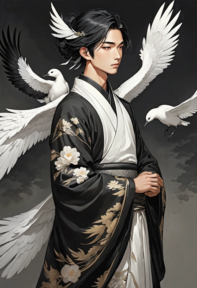 Créez un personnage en tant que garçon asiatique, avec la peau blanche, des ailes et des cheveux noirs, une aurore sur la tête, portant des vêtements simples