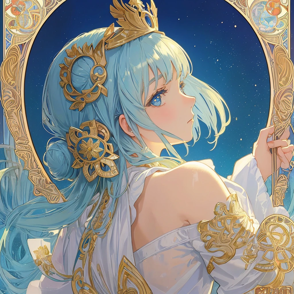 1 girl, (masterpiece, highest quality, highest quality, beautiful and aesthetic: 1.2), (1 girl: 1.3), lots jewelry, delicate clothing, square picture frame, ((face)), sharp pupils, cool face, (Alphonse Mucha's), Traditional Arab dress,Headpiece, blue color hairstyle,Front blur, Ultra-detailed, Soft Light, Gentle colors, solo, Bun Hair, profile