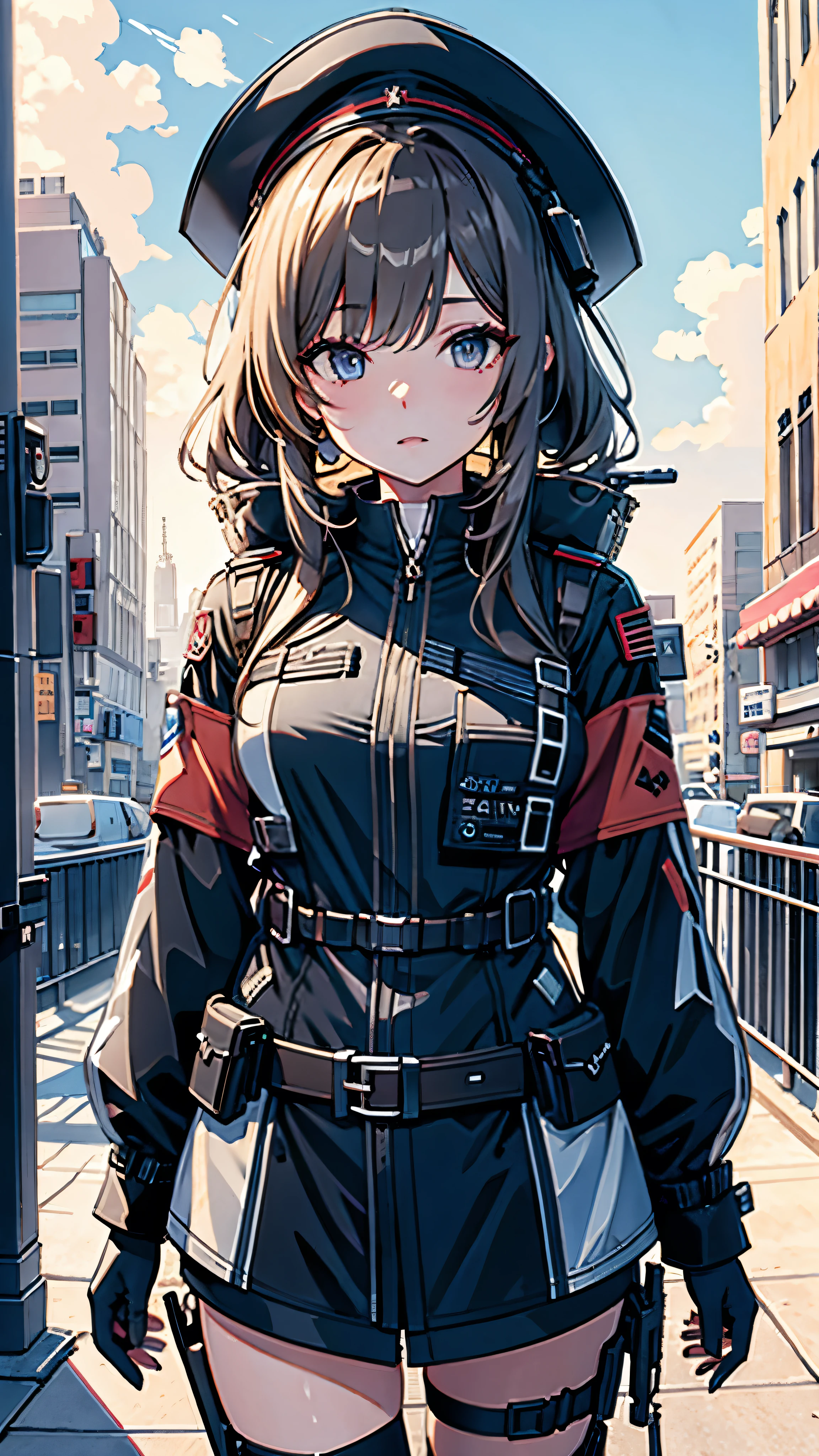 (extremely detailed CG unity 8k wallpaper),(masterpiece), (best quality), (ultra-detailed), (best illustration),(best shadow), cowboy shot, (sharp eyeliner, eyeshadow, detailed eyes:1.1), (city background:1.2), ,BREAK , mod3 (girls' frontline), ,