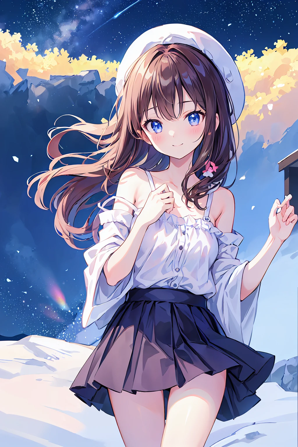 (Pretty Girl:1.3)、 Brown Hair,Shortcuts,smile,winterの雰囲気、winter、Sleeping in bed、Before bedtime、Shining Night Sky,Small breasts,Flat chest,((Highest quality)), (Very detailed), (High-definition CG synthesis 8k wallpaper), 高いly detailed, 高い-definition raw colbor photos, Professional photography, Written boundary depth,,