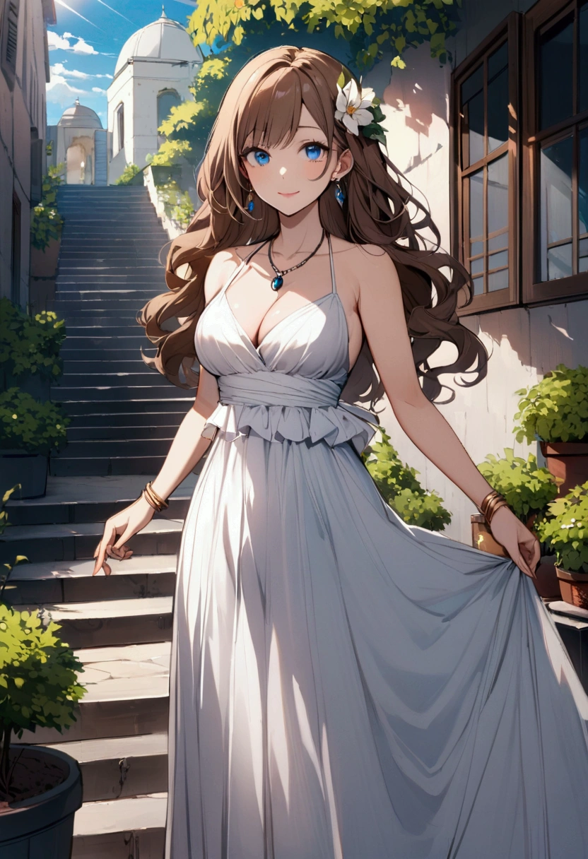 slender, mature female,rating:safe, jewelry, 1girl, long_hair, earrings, dress, brown_hair, blue_eyes, breasts, solo, necklace, cleavage, outdoors, day, hair_ornament, looking_at_viewer, bare_shoulders, plant, standing, sleeveless, white_dress, sky, collarbone, flower, tree, medium_breasts, bracelet, building, closed_mouth, bangs, wavy_hair, cloud, sleeveless_dress, smile, blue_sky, leaf, pendant, sunlight, eyebrows_visible_through_hair, cloudy_sky, potted_plant, hair_flower, stairs, large_breasts, bush, long_skirt, bare_arms