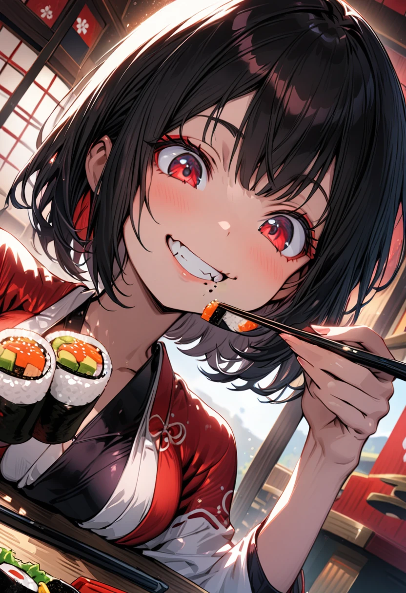 Short hair, woman, small breasts, red sharp eyes, big eyes, cute girl, eating sushi with chopsticks, Japanese sushi, big smile, nice smile, detailed face, busty camera angle