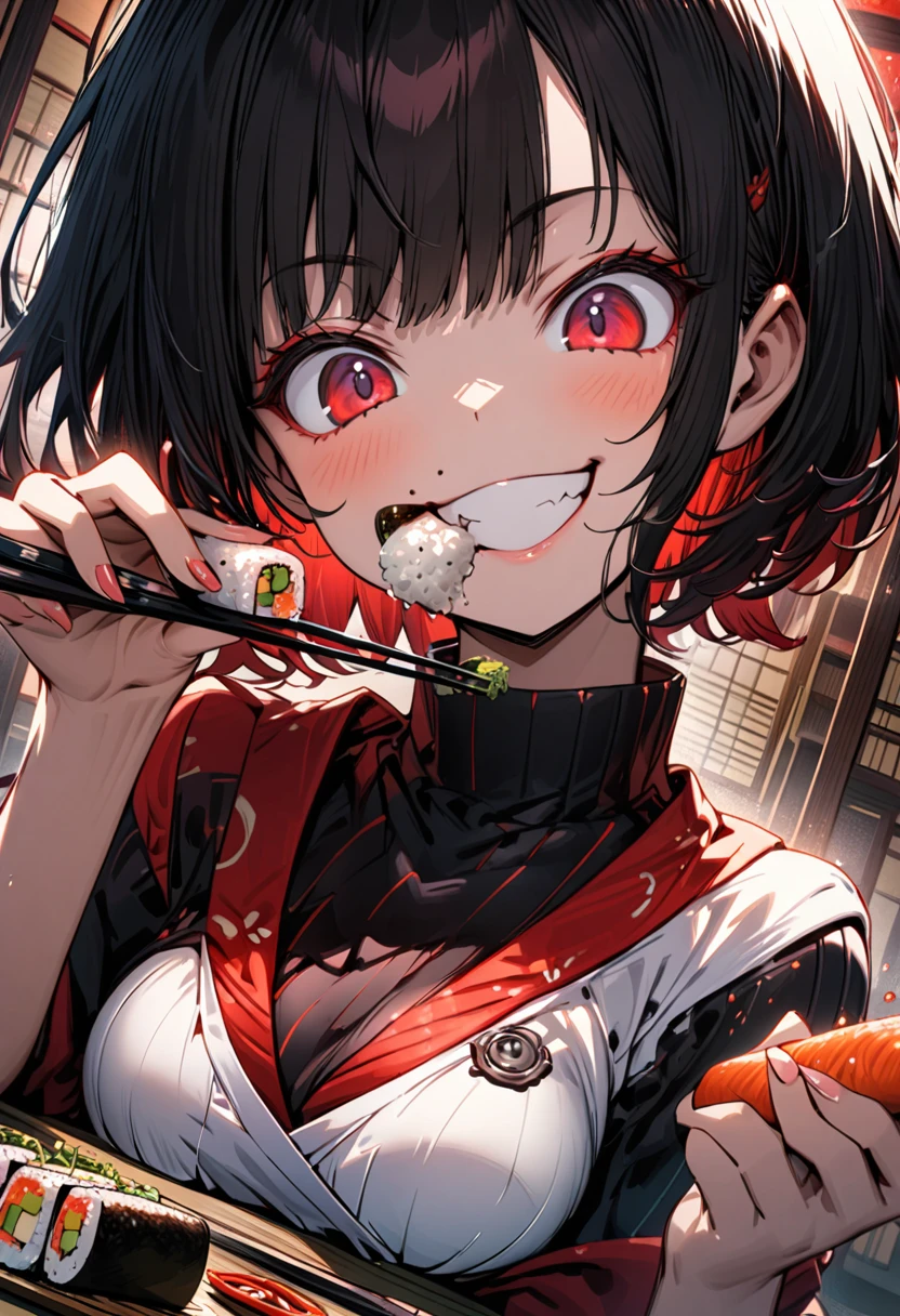 Short hair,  woman, small breasts, red sharp eyes, big eyes, cute girl, eating sushi with chopsticks, Japanese sushi, big smile, nice smile, detailed face, busty camera angle