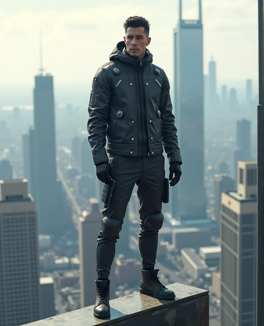Man in techwear, standing on roof of building, massive cityscape in background, UHD, masterpiece,