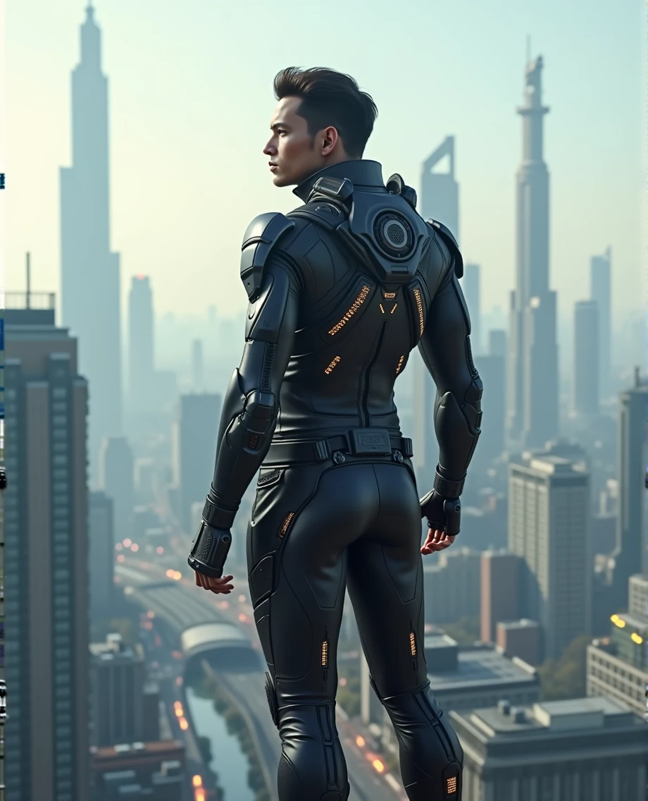 Man in techwear, standing on roof of building, massive cityscape in background, UHD, masterpiece,