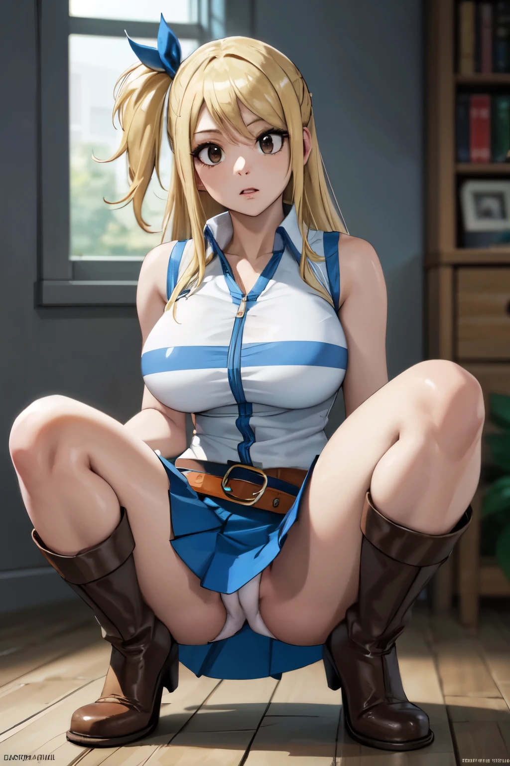 photorealistic, octane render, best quality, sharp focus, 8k, 4k, Masterpiece, realistic skin texture, extremely detailed, intricate, hyper detailed, illustration, soft lighting, high resolution, sharp detail, lucyheartfilia, brown eyes, blonde hair, long hair, one side up, large breasts, white shirt, sleeveless, belt, blue skirt, brown boots, looking at viewer, upskirt panties, squatting upskirt