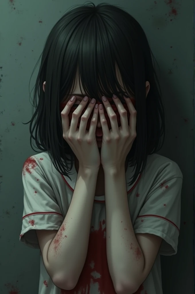 A 14 year old girl who has covered her face completely with her hands and has blood stains on her clothes