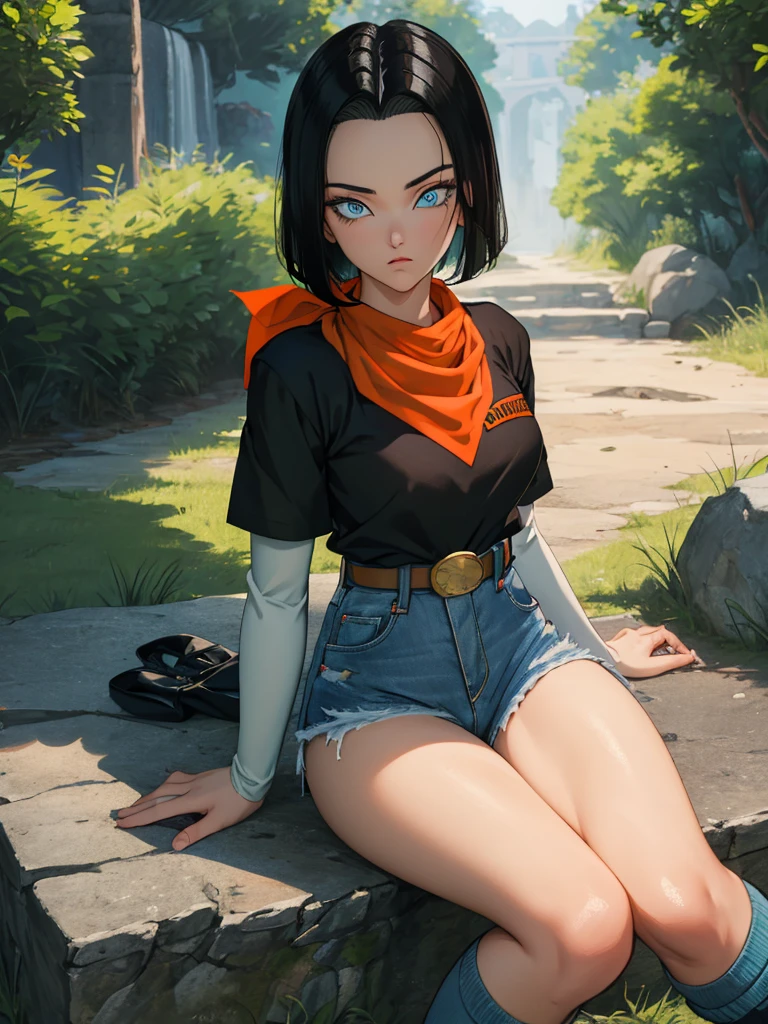 (masterpiece), best quality, expressive eyes, perfect face, highres, 1 girl, solo, android 17 girl, (female body:1.3), blue eyes, black short hair,parted hair,short hair, black shirt, jeans, layered shirt, white sleeves,orange bandana, blue sneakers, green socks, brown belt, red patch, outdoor, landscape, sitting on floor, portrait, looking at the viewer, An exquisite masterpiece of top quality and high resolution featuring Marnie. Big sleepy eyes, Aqua eyes、Glowing under the dim light. black short hair, magazine style, dark backbround