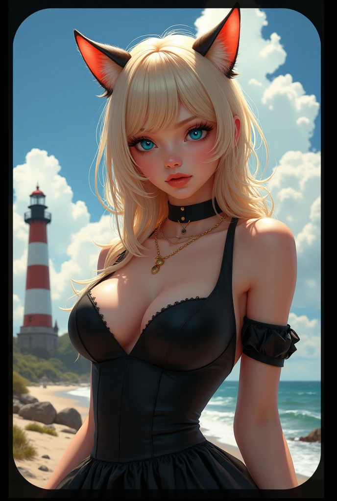 (masterpiece:1.2),best quality,(highres:1.2),(incredibly absurdres:1.4),(extremely detailed face:1.4),(highly detailed eyelash:1.6),highly detailed eyes,sharp details,high contrast,(shiny skin:1.2),beautiful fingers,elegant,elegant face, (childish women:1.2),thick body,sexy body,hanging breasts,(massive breasts:1.2),perfect round breast, face,1girl,animal,traven,indoor, black waiter suit,black border,blue eyes,breasts,cloud,day,medium breasts,lighthouse,bob hair,looking at viewer, cow girl costume,outdoors,pillarboxed,smile,solo,blue bob hair,blue hair, cat ears, details tail, bartender, npc, details fluffy cat ears, cute