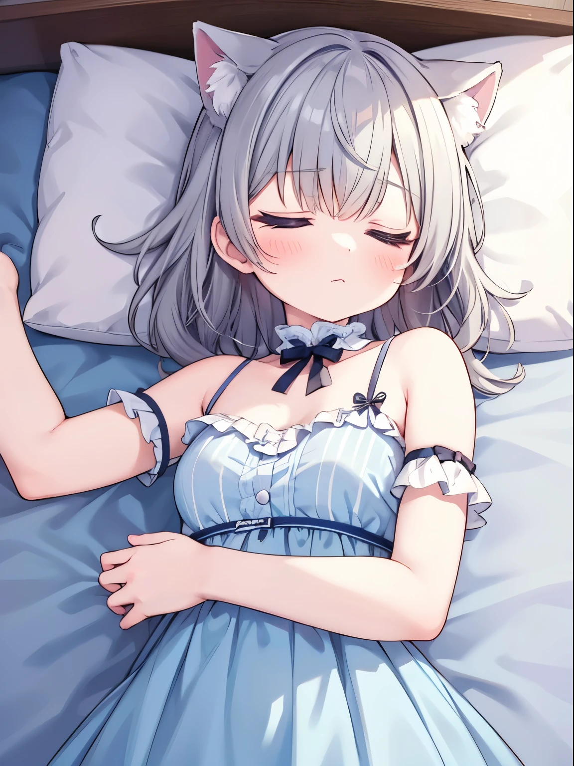 1 girl, cute, baby doll, (sleep:1.6), Close ~ eyes, (Gray Hair), Medium Hair, Cat ear, bedroom, Bed, pillow, noon, indoor, Lying on your back, Shot from above, Cowboy Shot, ((Highest quality)), ((masterpiece)), (detailed), Perfect Face, Perfect Arms, Perfect hands, Perfect Fingers, anime, Ultra-fine illustration,