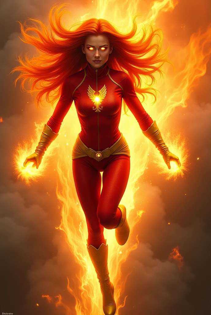 1girl, glowing eyes, redhead, angry, red suit, yellow gloves and boots, golden sash, phoenix symbol, flying, burning aura