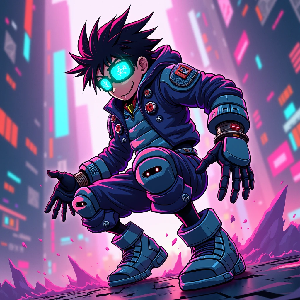 Glitch boy, buggy design, technology, vibrant colors, stylish, action shot, purple, anime style, cartoon