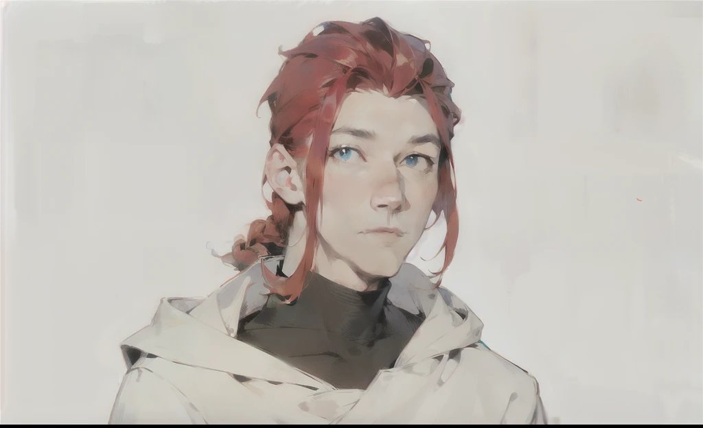 man, Red hair, braided into a tail, Blue eyes, White priestly robe, Shoulder-length portrait