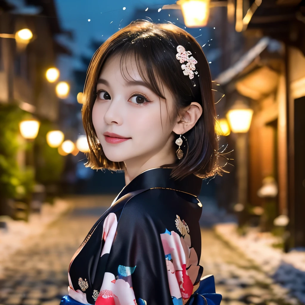 Japanese ID ,((cute ,Baby Face:1.2)),(8k, RAW Photos, Very detailedな, Highest quality:1.2), (Realistic, Photorealistic:1.4), (Very detailed, Ultra-high resolution ,beautiful, Tabletop:1.2), ,Very detailed顔と目,Glowing Skin,(Upper Body:1.Professional Lighting,Soft Light, Sharp focus, Written boundary depth,Medium Hair,Earrings, (Gorgeous floral patterned kimono costume :1.3),( old, A cobblestone alley in the historic center during a light snowfall, Illuminated by vintage street lamps:1.3)