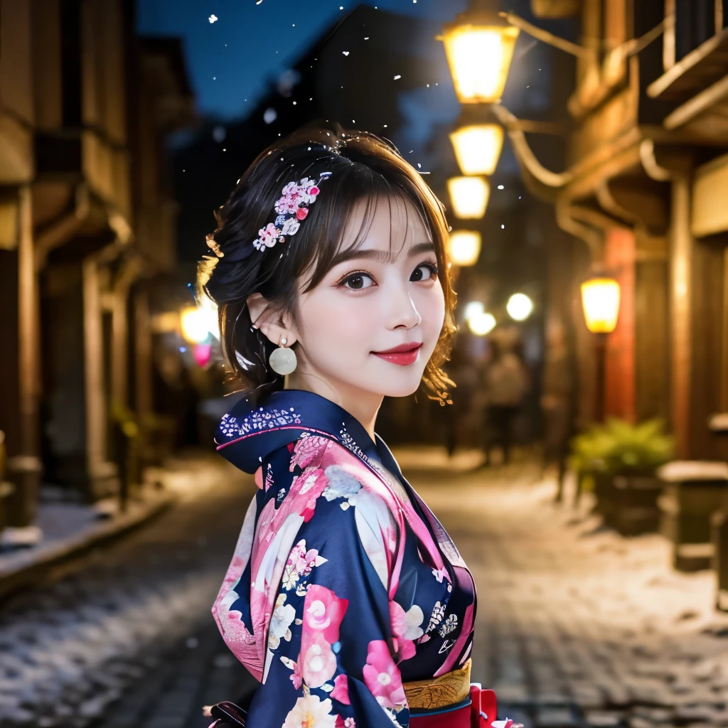 Japanese ID ,((cute ,Baby Face:1.2)),(8k, RAW Photos, Very detailedな, Highest quality:1.2), (Realistic, Photorealistic:1.4), (Very detailed, Ultra-high resolution ,beautiful, Tabletop:1.2), ,Very detailed顔と目,Glowing Skin,(Upper Body:1.Professional Lighting,Soft Light, Sharp focus, Written boundary depth,Medium Hair,Earrings, (Gorgeous floral patterned kimono costume :1.3),( old, A cobblestone alley in the historic center during a light snowfall, Illuminated by vintage street lamps:1.3)