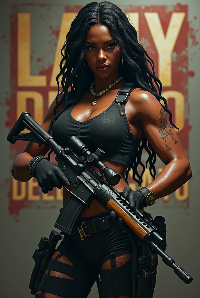 Badass Female black darkskin pubg character Put the words "Lany Delgato" in the background of her