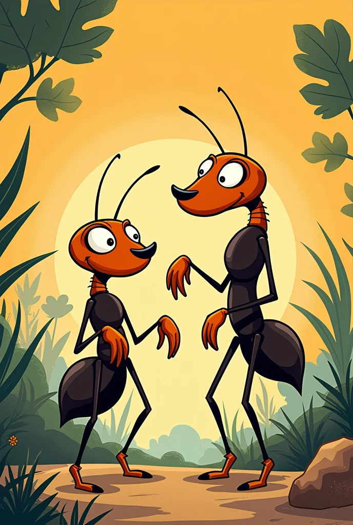 Two ants in a 60s cartoon style