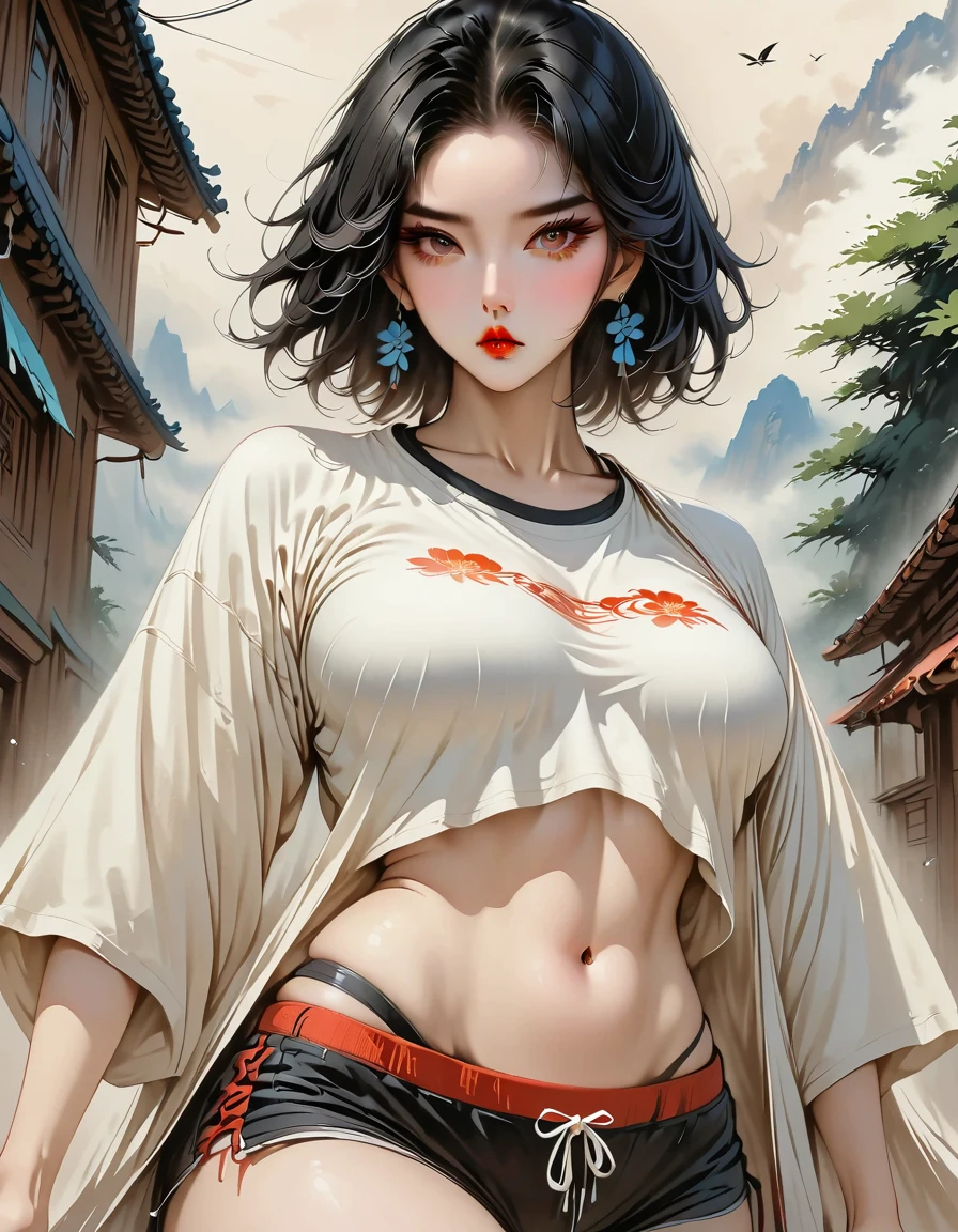 model, digital illustration, (Masterpiece:1.2), High quality, Detailed eyes, Very beautiful girl., short hair, Street wear, thick, (abdomen:1.2), (Bloom:1.2)